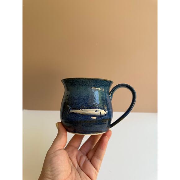 Studio Pottery Blue Glazed Mug Hand Thrown Coffee Cup Fish Motif Fisherman Gift - Picture 8 of 11